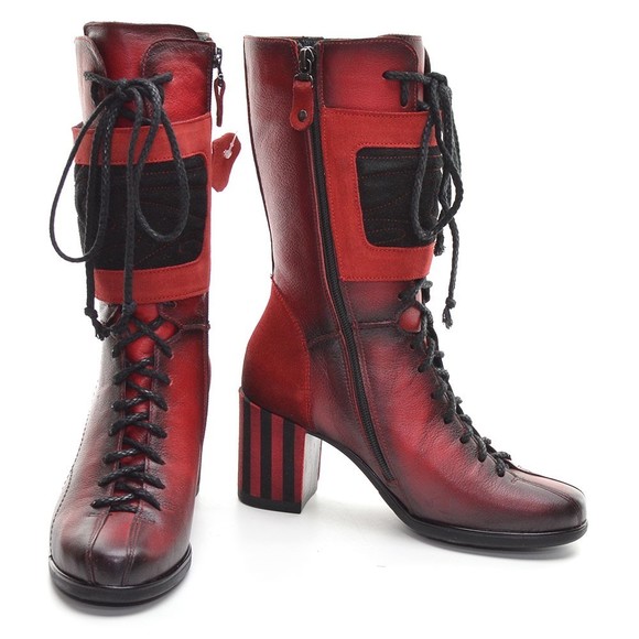 Maciejka 4251 Red Leather Heeled Lace Up Zip Boots 36 New - Picture 2 of 8